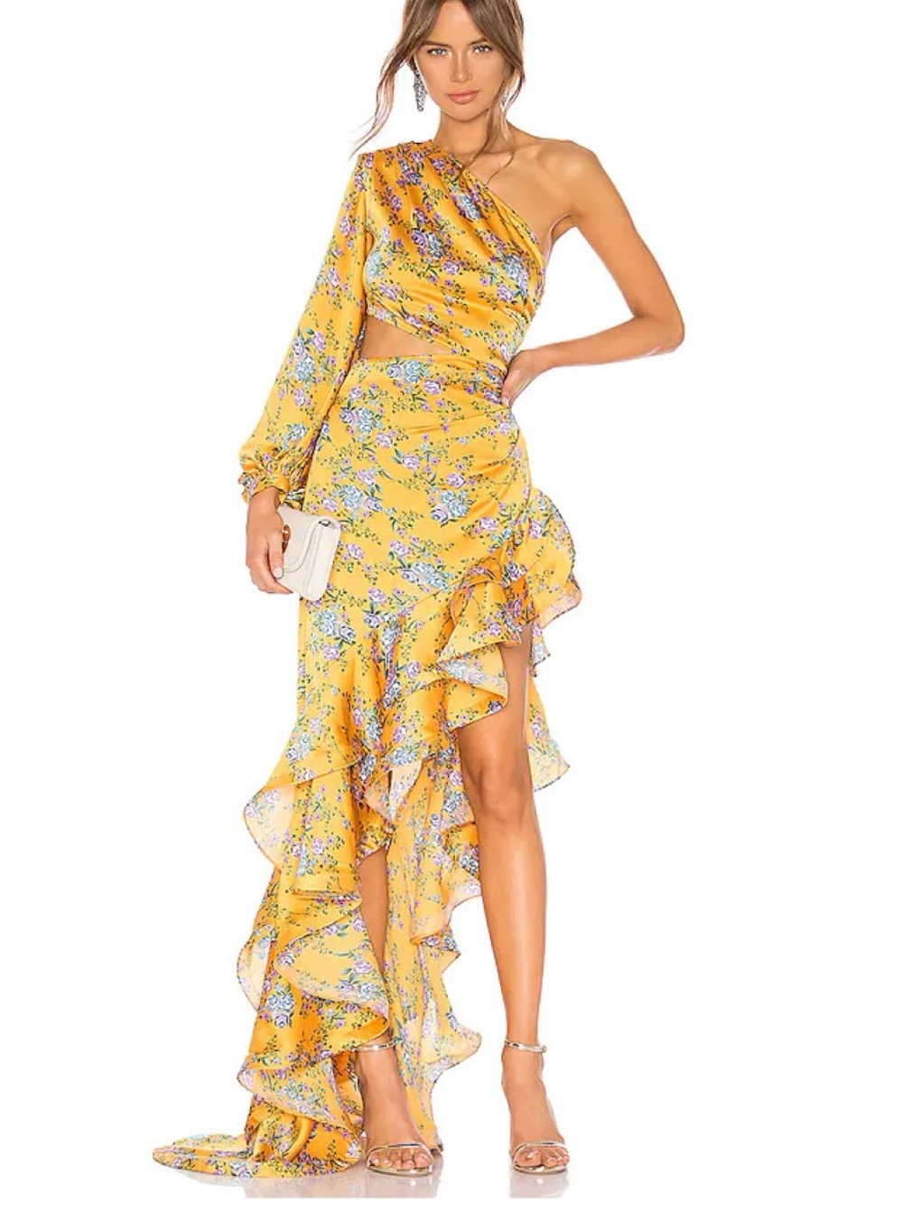 Bronx and Banco Yellow Floral One-Shoulder Ruffle Maxi